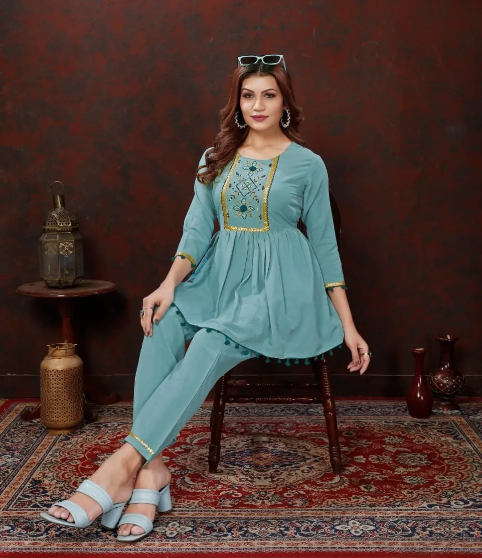 Dusty Turquoise Embroidered Cotton Co-ord set